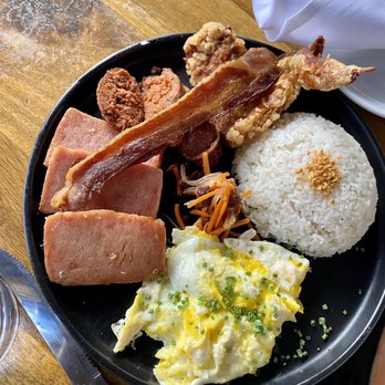 Bone Kettle - ISLAND RICE PLATE - Garlic white rice, 2 eggs, longganisa, pan-fried spam, bacon, fried chicken wings, pickled green papaya and carrots - Breakfast & Brunch Near Me - Pasadena, California
