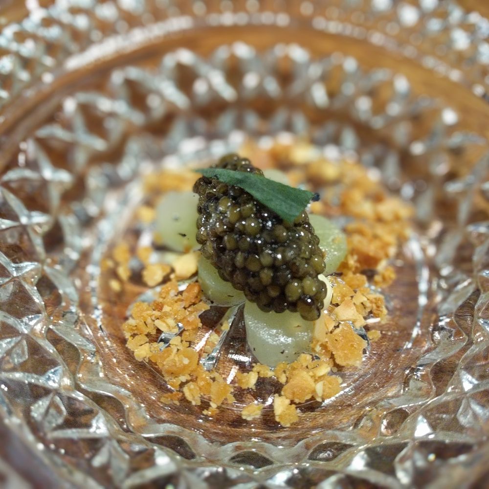Lazy Bear - Tsar Nicoulai reserve caviar, celtuce, almond, smoked oyster cream - New American Near Me - San Francisco, California Lazy Bear - Tsar Nicoulai reserve caviar, celtuce, almond, smoked oyster cream - New American Near Me - San Francisco, California