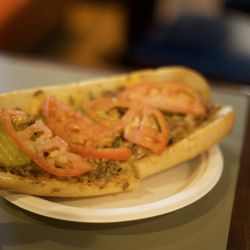 Double Trouble Cheesesteak add pickles & tomatoes