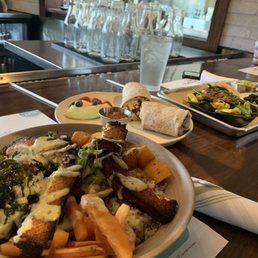 Mediterranean bowl with tofu, breakfast burrito and portobello dish. Portions are really good!