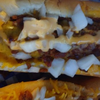 Boss Hawg's - two hot dogs with cheese and onions - American Near Me - Portland, Oregon Boss Hawg's - two hot dogs with cheese and onions - American Near Me - Portland, Oregon