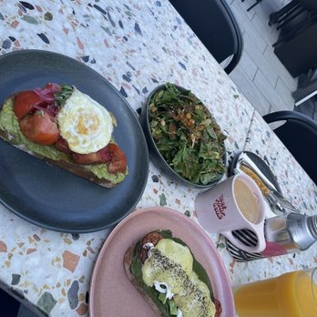 Parakeet Cafe - Brentwood - Harvest toast, Eggs Benedict On Toast (veg) and Detox Salad (gf, v). Everything was delicious! - Breakfast & Brunch Near Me - Los Angeles, California