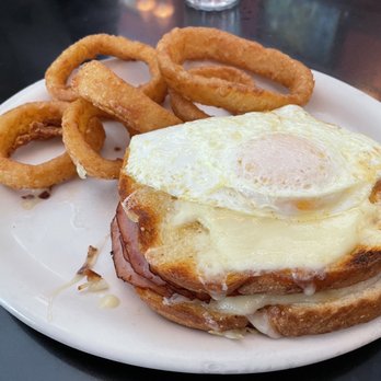 Russell's - Croque Madame w/ Thick Cut Onion Rings - American Near Me - Pasadena, California Russell's - Croque Madame w/ Thick Cut Onion Rings - American Near Me - Pasadena, California