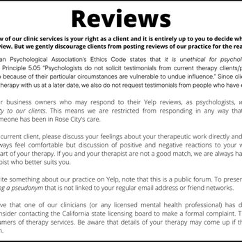 Rose City Center - Posting a review of our clinic services is your right as a client. We gently discourage clients from posting reviews of our practice. - Counseling & Mental Health Near Me - Pasadena, California Rose City Center - Posting a review of our clinic services is your right as a client. We gently discourage clients from posting reviews of our practice. - Counseling & Mental Health Near Me - Pasadena, California