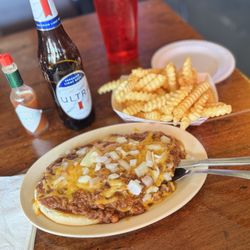 The Village Bar - Housemade Chili Cheeseburger with side of fries - so hearty and delicious (perfect on a wintry day)!
