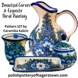 Polish Pottery of Hagerstown - Kalich Polich Pottery 127 in Blues. Wildflowers pitcher, mug, sugar bowl, corn tray.