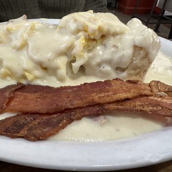 Jeremy's Coffee Shop - The country scramble, scrambled eggs over biscuits and gravy, side of bacon. Cholesterol tablet needs to be supplied by the customer. - Breakfast & Brunch Near Me - La Crescenta, California Jeremy's Coffee Shop - The country scramble, scrambled eggs over biscuits and gravy, side of bacon. Cholesterol tablet needs to be supplied by the customer. - Breakfast & Brunch Near Me - La Crescenta, California