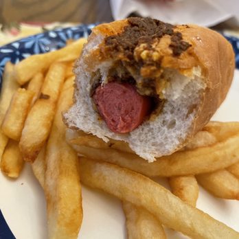 D & D Drive In - Double D Hot Dog with chili (red weenie in the weekend ) and regular fries. - Fast Food Near Me - Larose, Louisiana