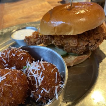 Eureka! - Spicy Fried Chicken Sandwich with Mac N- Cheese Balls - American Near Me - Boise, Idaho