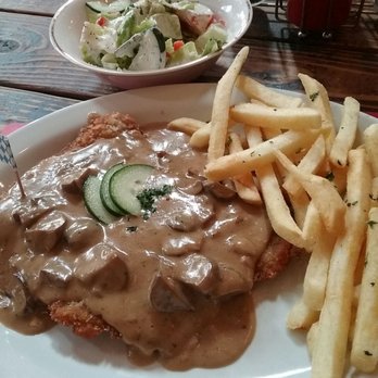 The Schnitzel Garten - Jaeger Schnitzel and fries. Sure miss that great German food - German Near Me - Eagle, Idaho