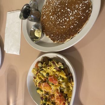 The Sunrise Cafe - a pancake, a bowl of eggs, and a bowl of salad - Cafes Near Me - Pleasant Hill, Oregon
