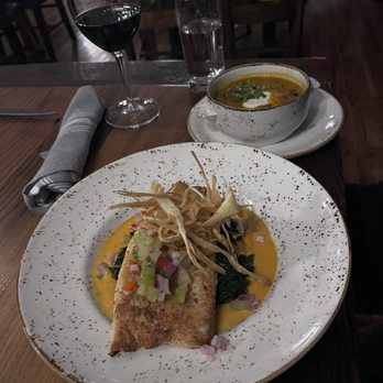 Singletree Heritage Kitchen - sunburst trout and soup of the day, a butternut squash - both so good! - New American Near Me - Waynesville, North Carolina