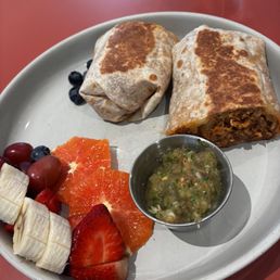 Soyrizo burrito. Served with salsa Fresca and cut fruit Soyrizo burrito. Served with salsa Fresca and cut fruit
