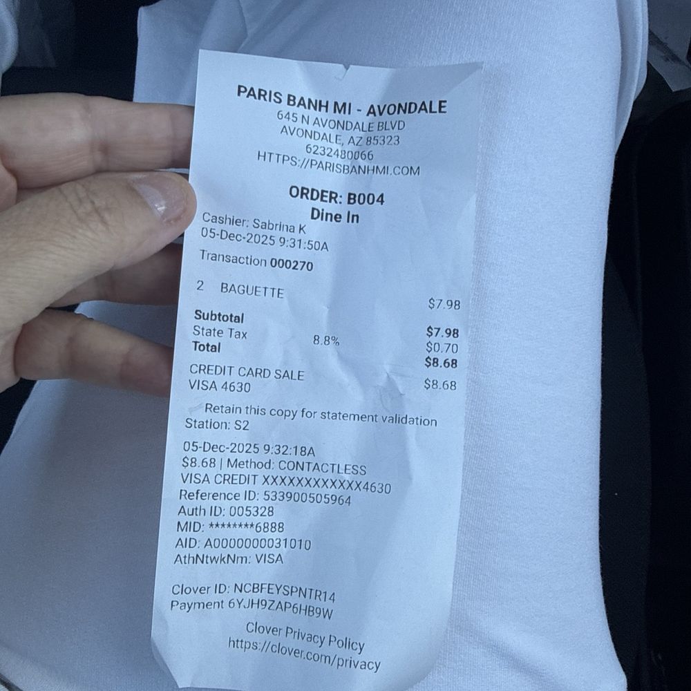 Paris Banh Mi - Receipt for the 2 fresh French breads yummy - Vietnamese Near Me - Avondale, Arizona Paris Banh Mi - Receipt for the 2 fresh French breads yummy - Vietnamese Near Me - Avondale, Arizona