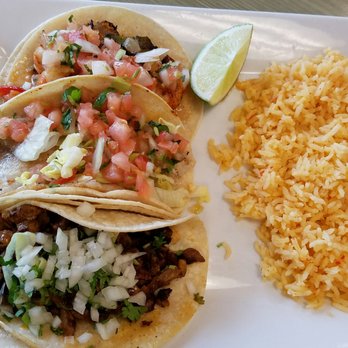 Pepe's Mexican Restaurant - My 3 tacos. One fish (middle) one shrimp and one pastor with a side of rice - Mexican Near Me - Santa Rosa, California