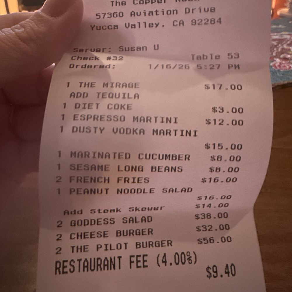 The Copper Room - Huge bill for 4 people - Cocktail Bars Near Me - Yucca Valley, California The Copper Room - Huge bill for 4 people - Cocktail Bars Near Me - Yucca Valley, California