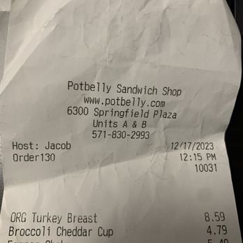 Potbelly - Receipt - Sandwiches Near Me - Springfield, Virginia Potbelly - Receipt - Sandwiches Near Me - Springfield, Virginia