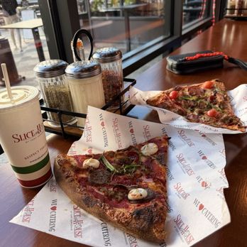 Slice Italia - 1 drink, wise guy slice(left), American combo slice (right) - Italian Near Me - Rancho Mirage, California