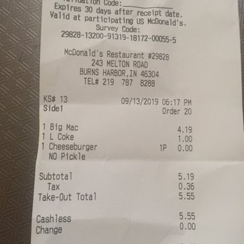 McDonald's - McDonald's receipt - Fast Food Near Me - Burns Harbor, Indiana McDonald's - McDonald's receipt - Fast Food Near Me - Burns Harbor, Indiana