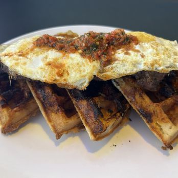 Firefly Bar & Grill - Waffles with steak, eggs, and chimichurri sauce - Beer Bar Near Me - Wichita Falls, Texas