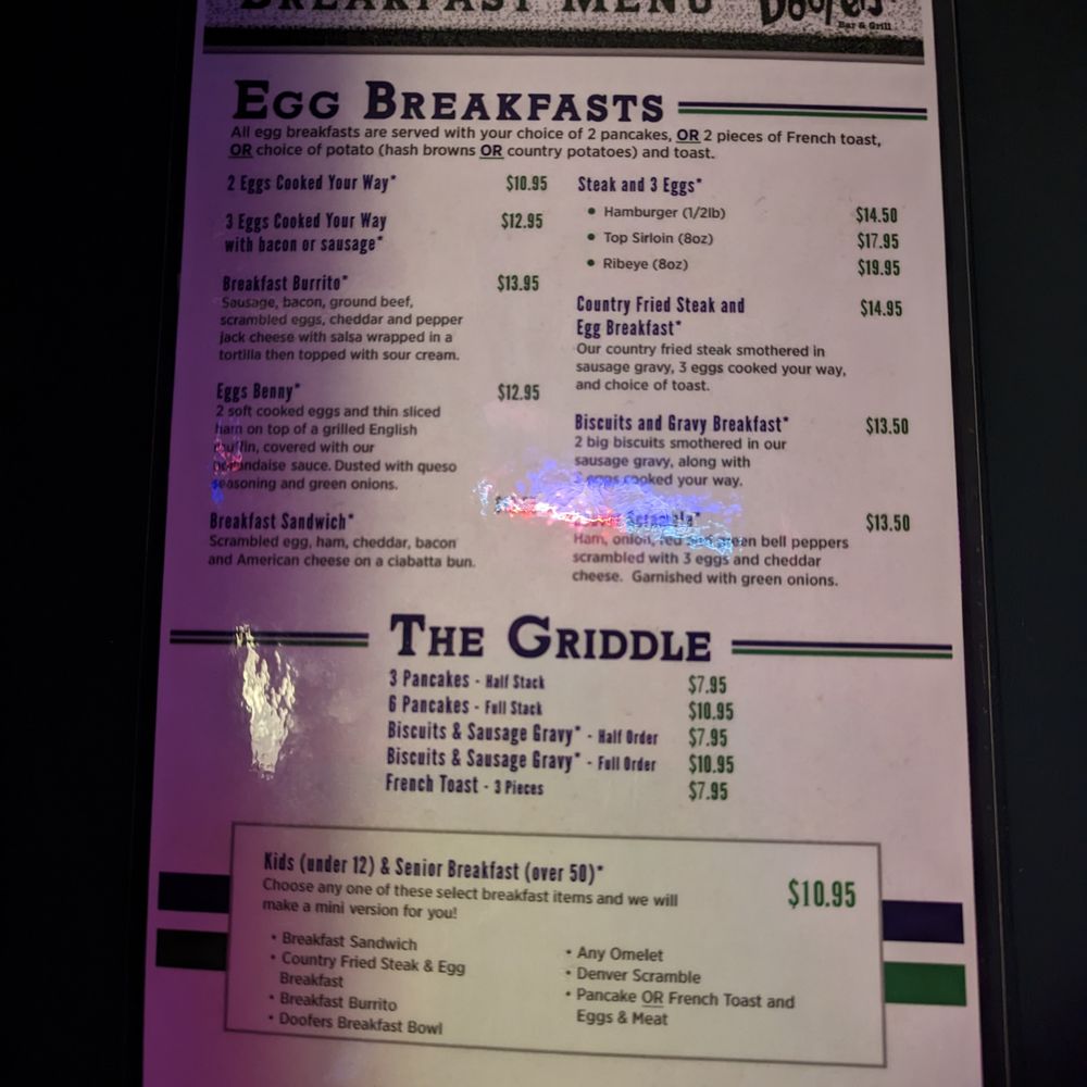 Doofers Bar & Grill - Front of Breakfast menu. - New American Near Me - Renton, Washington