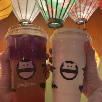 Mini Monster Cafe - Sunset Strawberry Lemonade (left) & Coconut Smoothie (Right) - Bubble Tea Near Me - Anaheim, California Mini Monster Cafe - Sunset Strawberry Lemonade (left) & Coconut Smoothie (Right) - Bubble Tea Near Me - Anaheim, California