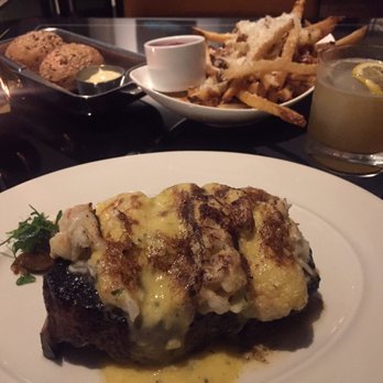 Prime 54 - Bone in NY strip w/ crab Oscar, truffle park fries, GF bread (fresh baked!) with black truffle butter - Seafood Near Me - Miami Beach, Florida Prime 54 - Bone in NY strip w/ crab Oscar, truffle park fries, GF bread (fresh baked!) with black truffle butter - Seafood Near Me - Miami Beach, Florida