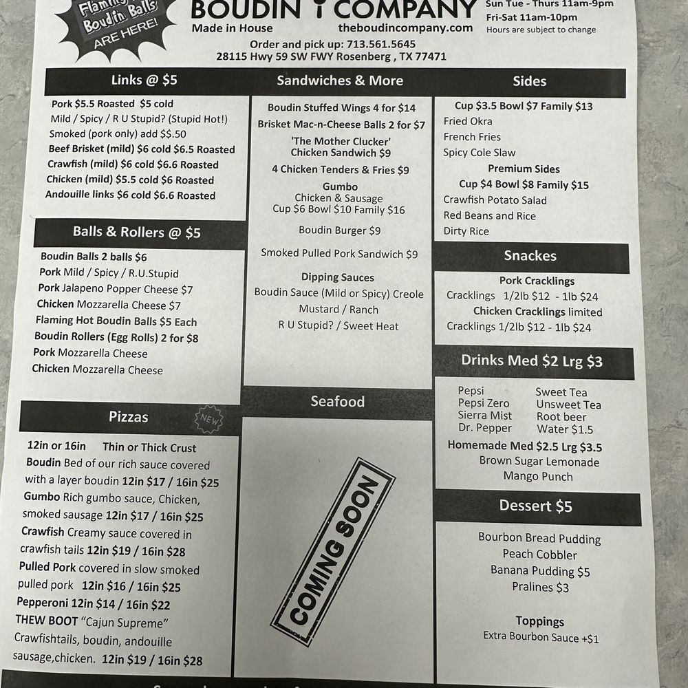 The Boudin Company - Menu 11/2024 - Cajun/Creole Near Me - Rosenberg, Texas The Boudin Company - Menu 11/2024 - Cajun/Creole Near Me - Rosenberg, Texas