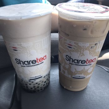 Sharetea - Homemade Taro with Milk + Mini Boba (left) and Okinawa Milk Tea (right) - Coffee & Tea Near Me - Plano, Texas Sharetea - Homemade Taro with Milk + Mini Boba (left) and Okinawa Milk Tea (right) - Coffee & Tea Near Me - Plano, Texas