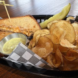 Franks Community Pub - Feature grilled cheese - buffalo chicken, really tasty with a hint of bleu? Drift crisps side with AMAZING Aji sauce.