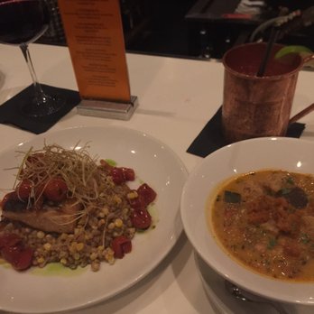 Starlite - Pan seared fish of the day and soup of the day with my Moscow mule - Cocktail Bars Near Me - San Diego, California