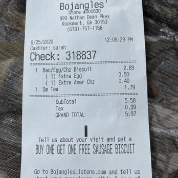 Bojangles - a receipt for a restaurant - Fast Food Near Me - Rockmart, Georgia Bojangles - a receipt for a restaurant - Fast Food Near Me - Rockmart, Georgia