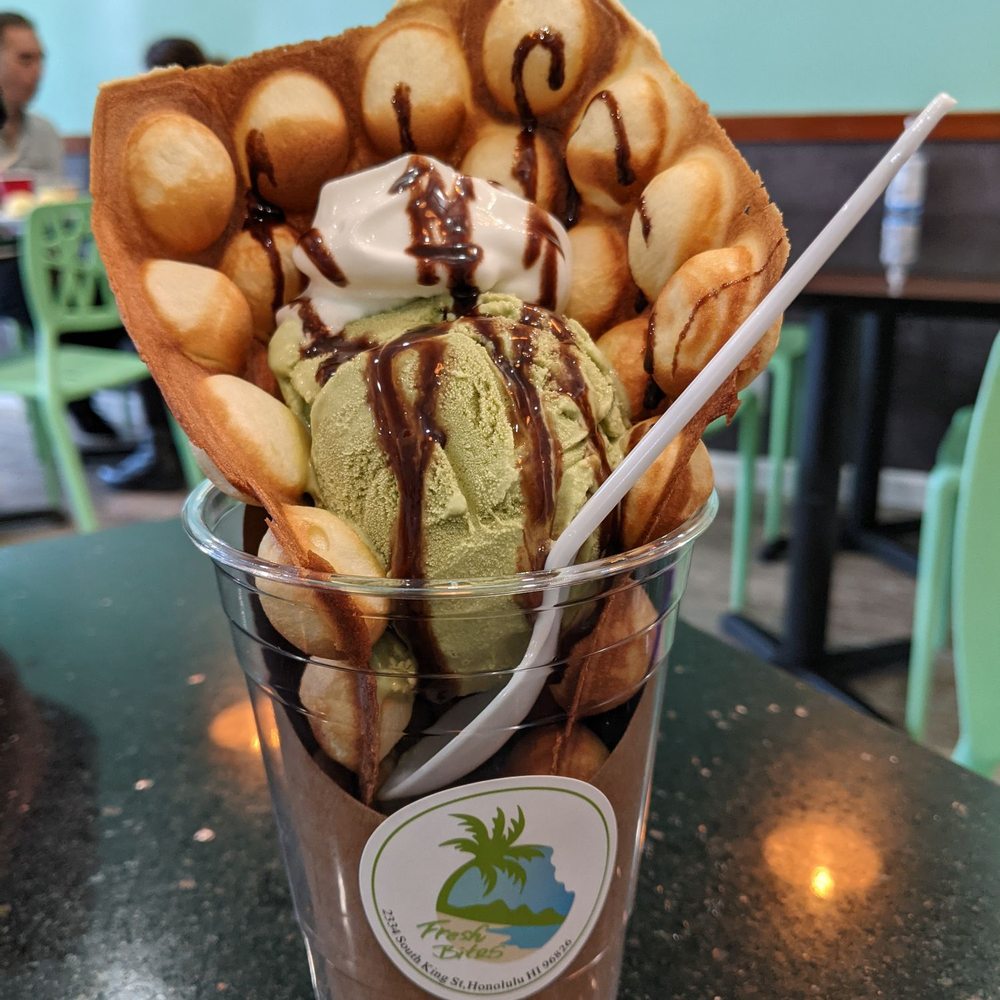 Fresh Bites Hawaii - Bubble Mochi waffle with matcha gelato - Poke Near Me - Honolulu, Hawaii Fresh Bites Hawaii - Bubble Mochi waffle with matcha gelato - Poke Near Me - Honolulu, Hawaii