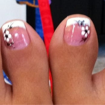 Lake Nails - My toes with pink glitter nail polish, French tips, flower and silver lining - Nail Salons Near Me - Menifee, California