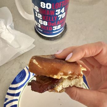 Dopest Dough - The Ruff - best combo of eggs, Gruyère, candied bacon, carmelized onions, and vinegar aioli on a pretzel bagel. Best bacon of my life! - Bagels Near Me - East Aurora, New York
