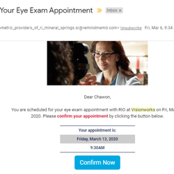 Visionworks - Confirm appointment by email. Click on Confirm now to lock in appointment.