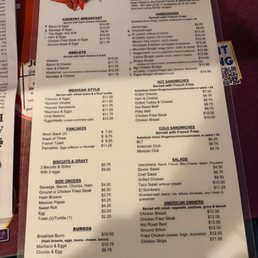 Menu 2021 - The menu from The New HQ in Maricopa, AZ, displays breakfast, omelets, pancakes, sandwiches, salads, and American dinners with prices.