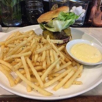 Range - Grilled 44 Farms Cheeseburger with fries and side of garlic aioli. - Steakhouses Near Me - San Antonio, Texas