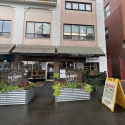 The front of the cafe on a rainy day.