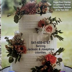 White Water Bakery - Cover of their brochure with an amazing wedding cake decorated. Plus contact info for Jackson and Josephine counties.