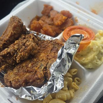 Bussin Soul Food - Fried ribs, fried pork chop, sweet potatoes, potato salad and mac n cheese. Sorry, might have eaten some first. - Food Trucks Near Me