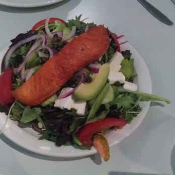 Rainbow Pizza - grilled salmon with salad - Greek Near Me - San Mateo, California Rainbow Pizza - grilled salmon with salad - Greek Near Me - San Mateo, California