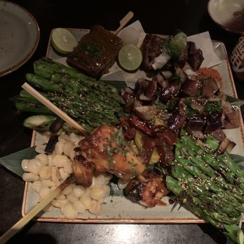 Sushisamba - Assortment of robata - sea bass was my fav, Asparagus, Eggplant, Berkshire Pork Belly and Ribeye - Asian Fusion Near Me - Las Vegas, Nevada Sushisamba - Assortment of robata - sea bass was my fav, Asparagus, Eggplant, Berkshire Pork Belly and Ribeye - Asian Fusion Near Me - Las Vegas, Nevada