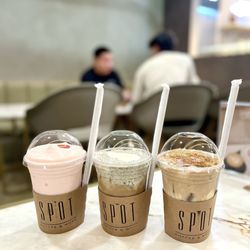 Strawberry Cream Latte, Black Sesame Cream Latte, Injeolmi Cream Latte