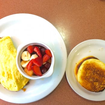 Denny's - GF omelette and GF English Muffin with a side of fruit. - American Near Me - Wildomar, California Denny's - GF omelette and GF English Muffin with a side of fruit. - American Near Me - Wildomar, California
