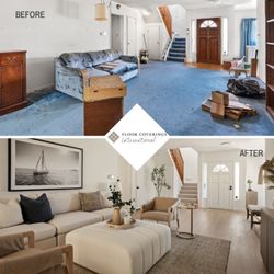 Floor Coverings International - Total transformation! Out with blue carpet - in with sleek luxury vinyl plank + berber carpet on the stairs and upper level