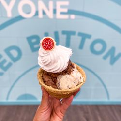 Red Button Vintage Creamery Treat Shop - 3 scoop sundae with chocolate PB and cookie dough