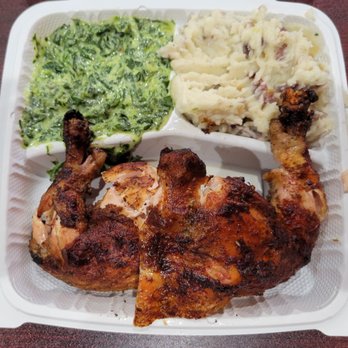 Kachi's Chicken - Kachis Peruvian rotisserie chicken (half chicken) with creamed spinach and mashed red potatoes. - Peruvian Near Me - Suitland, Maryland