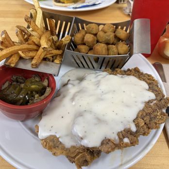 Mary's Grill - Hungry man Chicken Fried Steak, hand cut  fries, not a crisp fry, soft and tender okra was just average not crisp dinner roll was delicious - Breakfast & Brunch Near Me - Tonkawa, Oklahoma