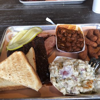 The Original Q Shack - Ribs with potato salad and baked beans. The hush puppies were delicious! - Barbeque Near Me - Durham, North Carolina The Original Q Shack - Ribs with potato salad and baked beans. The hush puppies were delicious! - Barbeque Near Me - Durham, North Carolina